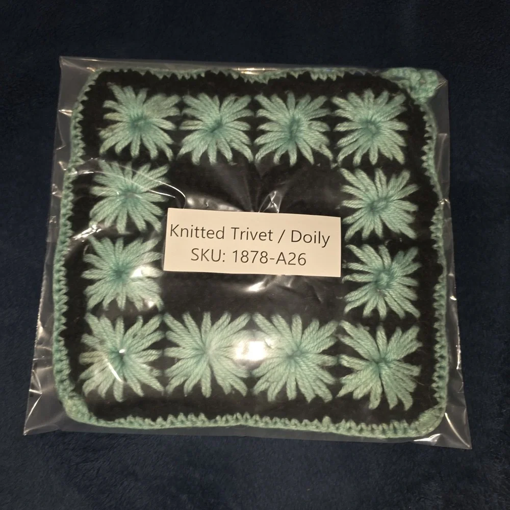 Handmade Double Sided Square Knit Trivet Hot Pad Doily Doiley Doilé Teal & Black
